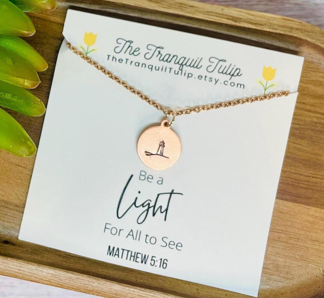 Be a Light for All to See Necklace Encouragement Card Faith Jewelry Lighthouse Necklace Matthew 5:16 -Silver|Gold|Rose Gold Charms